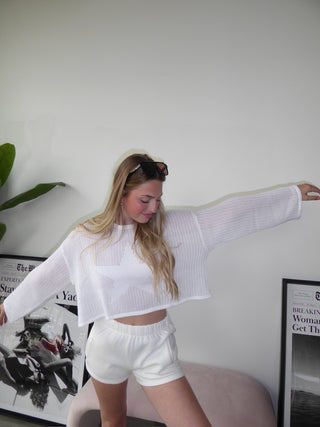 Cropped White Star Mesh Long Sleeve