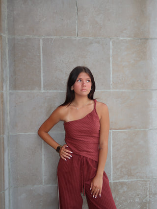 Burgundy Asymmetrical Striped One Shoulder Top