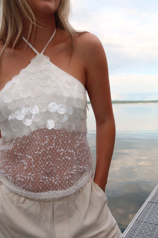Portofino Hand Sewn Pearl Sequin Embellished Mesh Halter Top