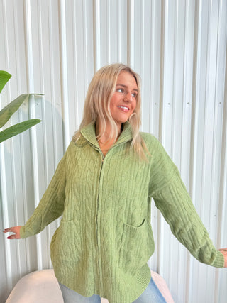 Green Oversized Cable Zip Up Sweater