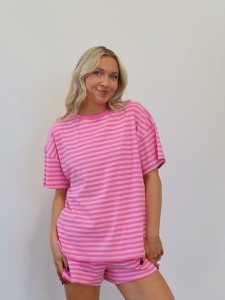 Striped Oversized Short Sleeve Lounge Top - Hot Pink