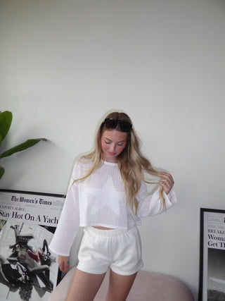 Cropped White Star Mesh Long Sleeve