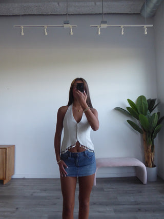 Natural Tailored Tie Open Back Halter Embellished Vest