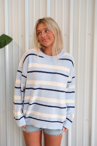 Ultra Soft Knit Baby Blue Striped Crewneck Sweater