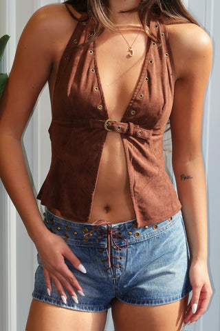 Suede Front Buckle Grommet Halter Top