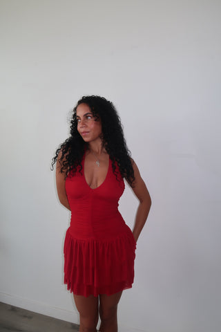 Red Tiered Halter Mini Dress