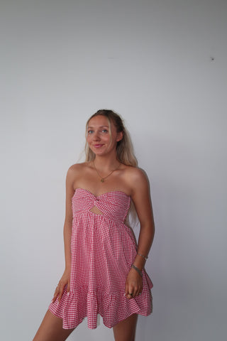 Red Gingham Strapless Dress With Open Back