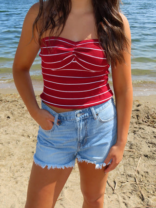 Red Stripe Ribbed Strapless Top