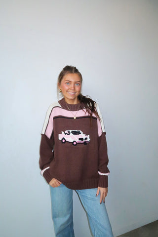 Brown Retro Car Knit Sweater