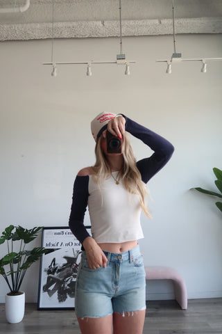 White & Navy Off The Shoulder Top