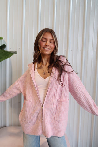Pink Oversized Cable Zip Up Sweater