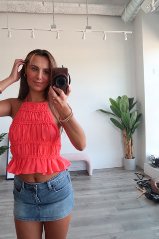 Coral Red Backless Ruffle Top