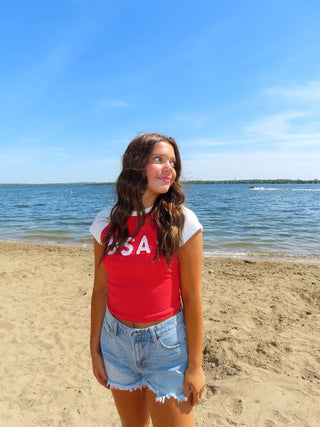 Cap Sleeve ‘USA’ Baby Tee - Red/White