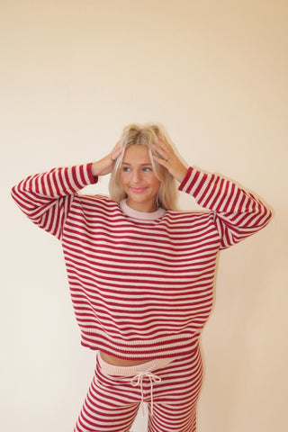 Burgundy & Pink Stripe Crew Neck Sweater