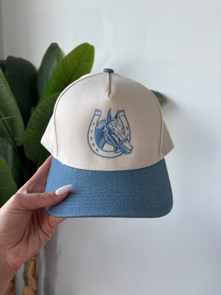 Embroidered Denim Lucky Horse Trucker Hat