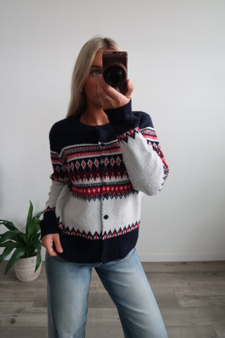 Navy & Red Cardigan Sweater