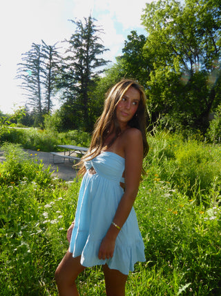 Sky Blue Strapless Dress With Open Back