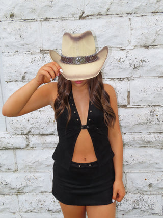 Black Suede Front Buckle Grommet Halter Top