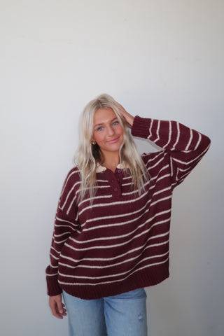 Burgundy Collared Striped Sweater
