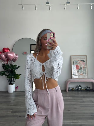 Crochet Cropped Front Tie Long Sleeve