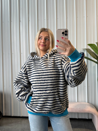Cozy Navy Striped Hoodie With Blue Cuff