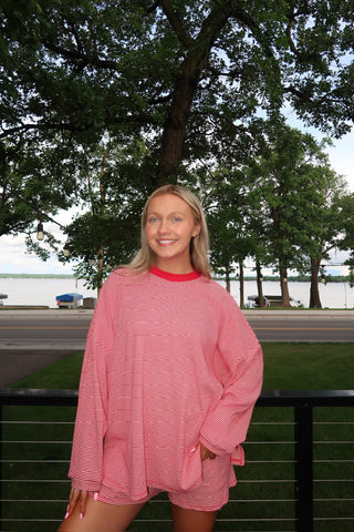 Red and White Striped Oversized Top
