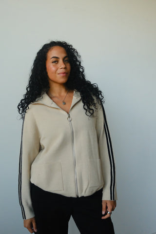 Tan Side Stripe Zip Up Sweater