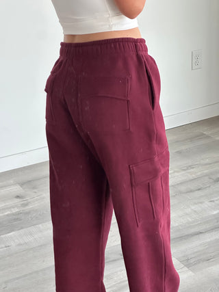 Long Black Cherry Staple Cargo Wide Leg Sweatpants