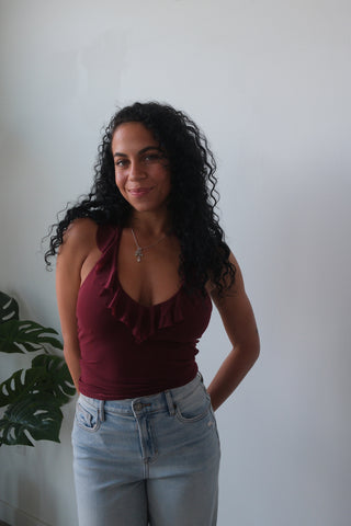 Burgundy Ruffle Mesh Halter Tank Top