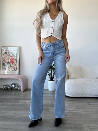 Hidden Cropped Cream Denim Fitted Vest