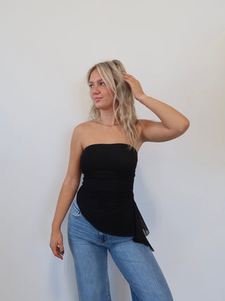 Black Strapless Asymmetrical Mesh Top