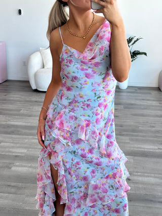 Blue Floral Ruffle Maxi Dress