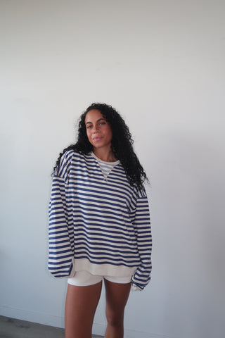 Cream & Blue Everyday Striped Crewneck