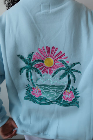 Icy Blue Hibiscus Flower Beach Babe Embroider Hoodie