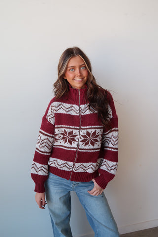 Burgundy Snowflake Zip-Up Sweater