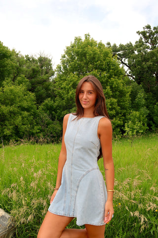 Sleeveless High Neck Denim Mini Dress