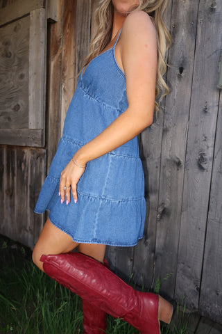 Spaghetti Strapped Tiered Denim Dress