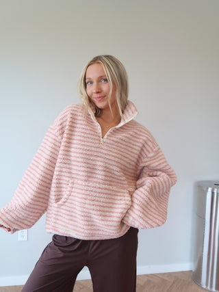 Pink & Cream Striped Quarter Zip Sherpa Pullover