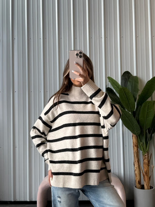 Black Stripe Light Mock Neck Sweater