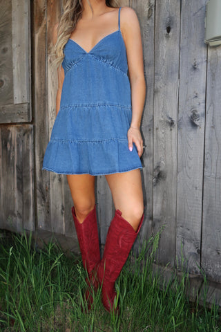 Spaghetti Strapped Tiered Denim Dress