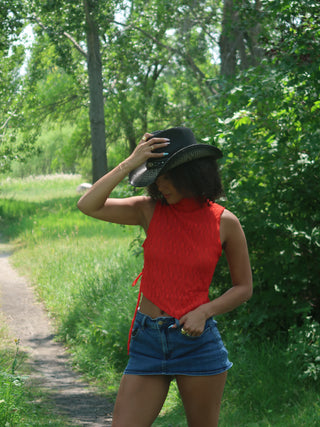 Red Mesh Asymmetrical Top