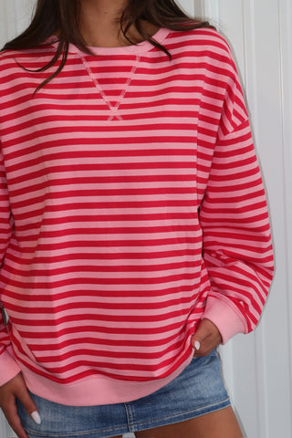 Oversized Pink & Red Striped Crewneck