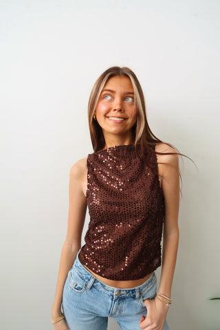 Brown Sequin Boat Neck Tank Top