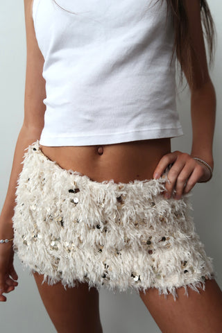 Cream Faux Fur Sequin Skort