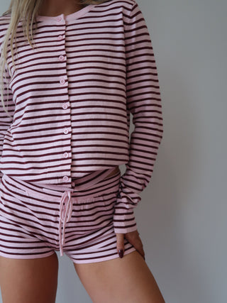 Pink & Maroon Striped Sweater Shorts