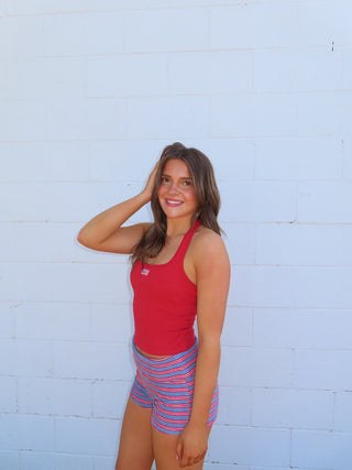 Dusty Blue/Red Fold Over Striped Shorts