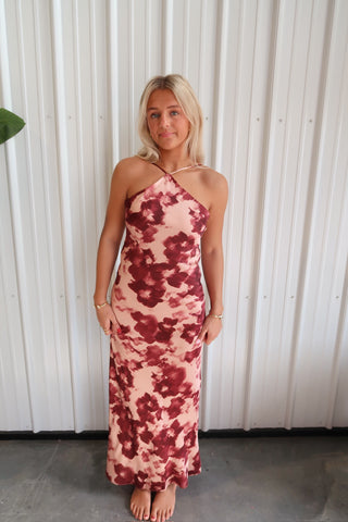 Pink Floral Open Back Maxi Dress