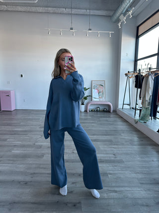 Blue Wide Leg Sweater Pants