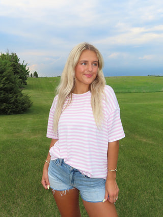 Pink Round Neck Oversized Stripe Tee Shirt