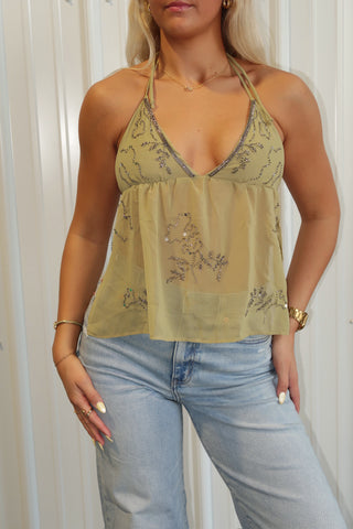 Sage Beaded Open Back Halter Top